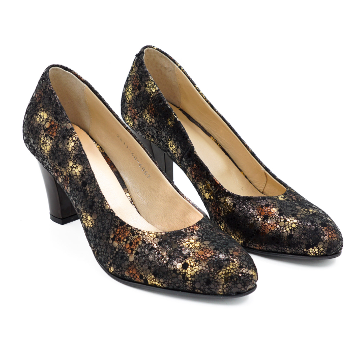 Pantofi dama din piele naturala neagra cu imprimeu, cu varf rotund si toc mic gros 6 cm 6052-1-26 [3]