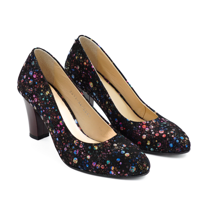 Pantofi dama din piele naturala neagra cu imprimeu, cu varf rotund si toc mic gros 6 cm 6052-26 [3]