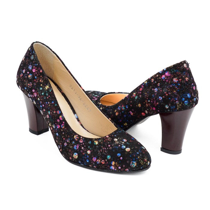 Pantofi dama din piele naturala neagra cu imprimeu, cu varf rotund si toc mic gros 6 cm 6052-26 [4]