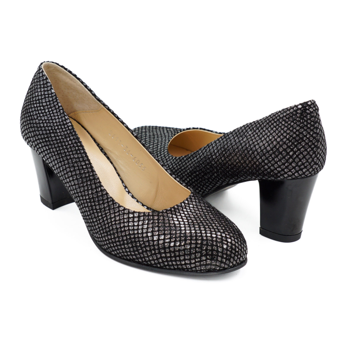 Pantofi dama din piele naturala neagra cu imprimeu, cu varf rotund si toc mic gros de 6 cm 6055-2-26 [4]