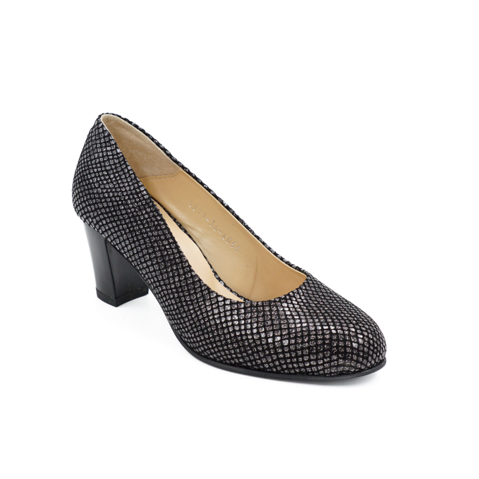 Pantofi dama din piele naturala neagra cu imprimeu, cu varf rotund si toc mic gros de 6 cm 6055-2-26 [2]