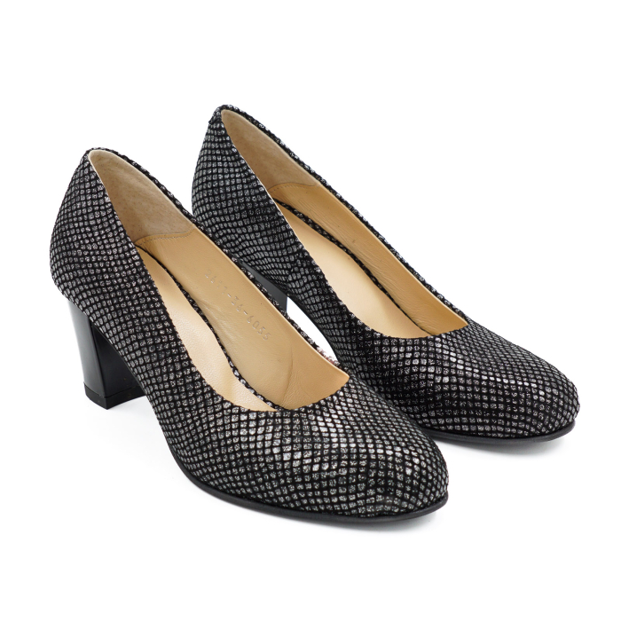 Pantofi dama din piele naturala neagra cu imprimeu, cu varf rotund si toc mic gros de 6 cm 6055-2-26 [3]