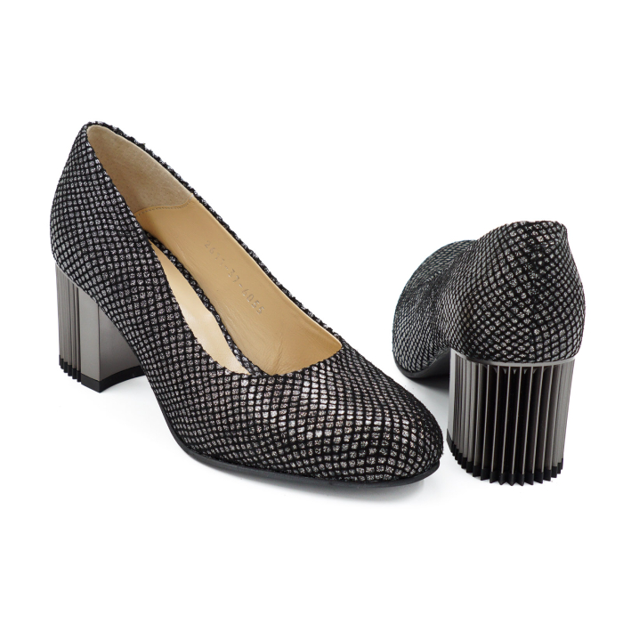Pantofi dama din piele naturala neagra cu imprimeu, cu varf rotund si toc mic gros de 6 cm 6055-4-26 [5]