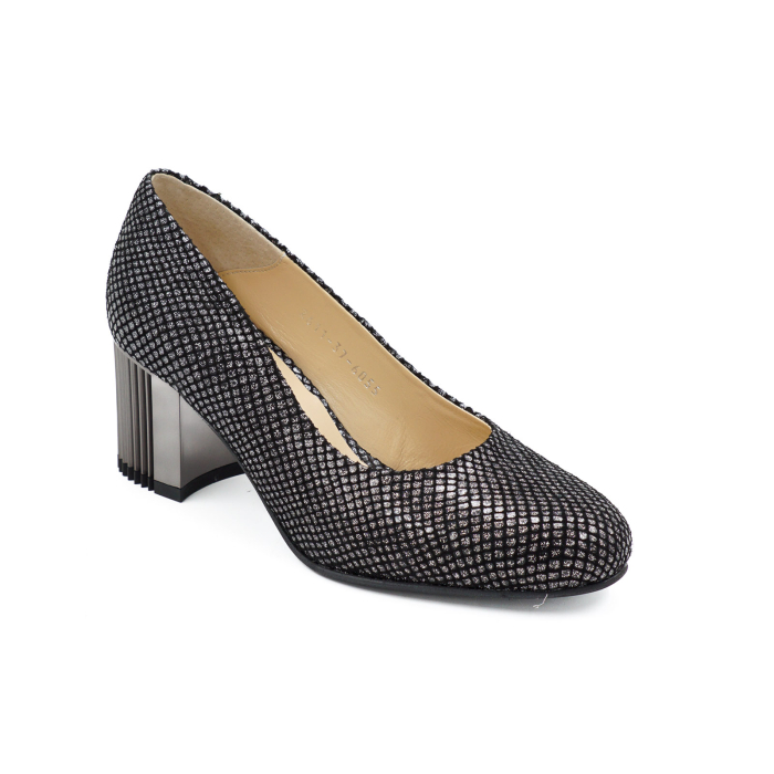 Pantofi dama din piele naturala neagra cu imprimeu, cu varf rotund si toc mic gros de 6 cm 6055-4-26 [2]