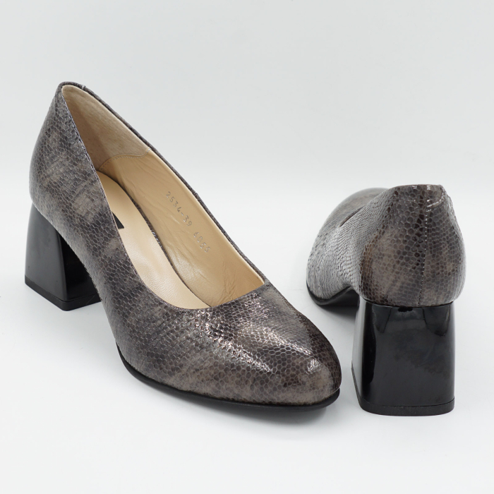 Pantofi dama din piele naturala lacuita croco maro, cu varf rotund si toc mic gros de 6 cm 6055-26 [5]