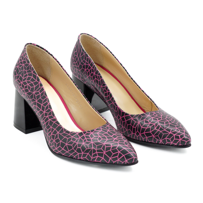Pantofi dama din piele naturala neagra cu imprimeu fucsia, cu varf ascutit stiletto si toc mic gros de 6 cm 6057-9-26 [3]