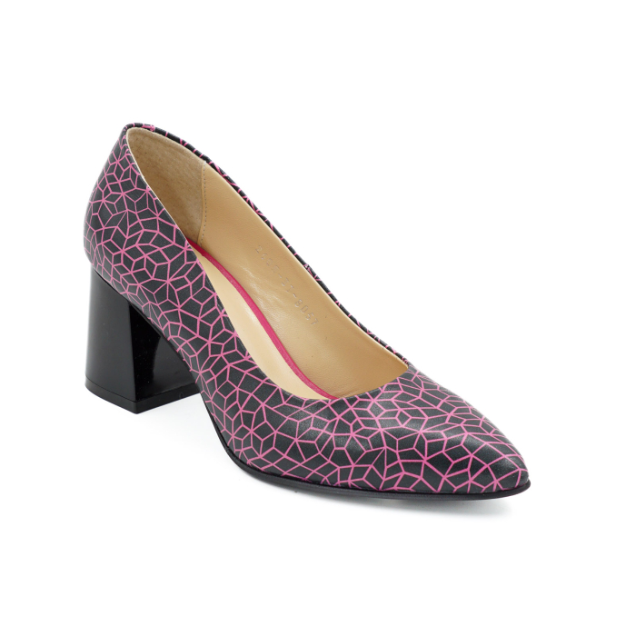 Pantofi dama din piele naturala neagra cu imprimeu fucsia, cu varf ascutit stiletto si toc mic gros de 6 cm 6057-9-26 [2]
