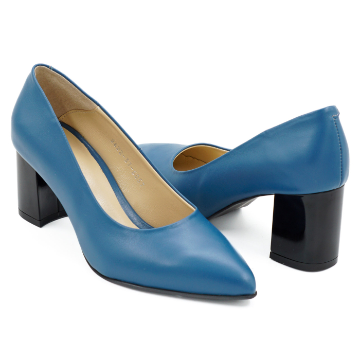 Pantofi dama din piele naturala albastra, cu varf ascutit stiletto si toc mic gros de 6 cm 6057-13-26 [4]