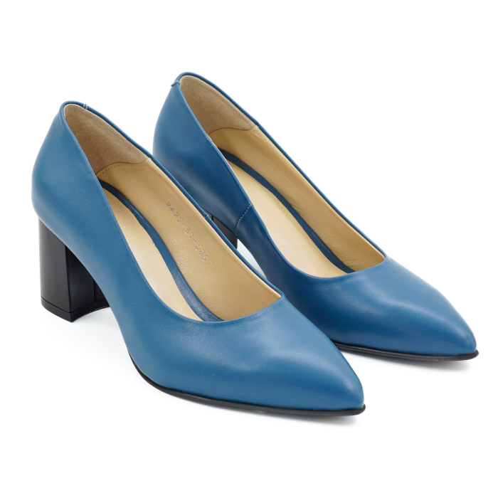 Pantofi dama din piele naturala albastra, cu varf ascutit stiletto si toc mic gros de 6 cm 6057-13-26 [3]