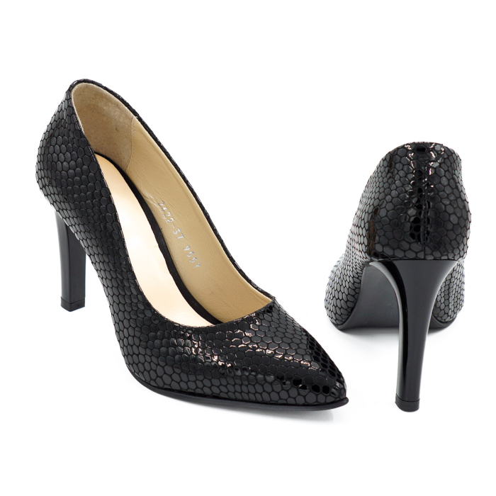 Pantofi dama din piele naturala lacuita croco negru, cu varf ascutit stiletto si toc inalt subtire 9 cm 9557-18-26 [5]