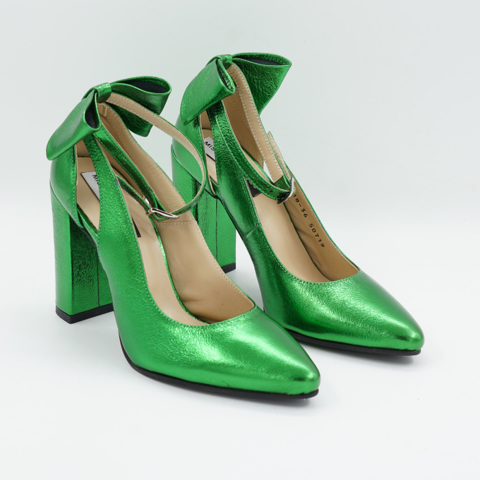 Pantofi dama din piele naturala verde deschis metalizat, cu varf ascutit si toc inalt gros imbracat 9 cm 50719-1-26 [3]