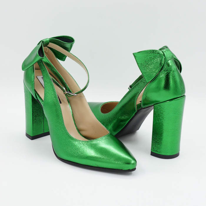 Pantofi dama din piele naturala verde deschis metalizat, cu varf ascutit si toc inalt gros imbracat 9 cm 50719-1-26 [4]