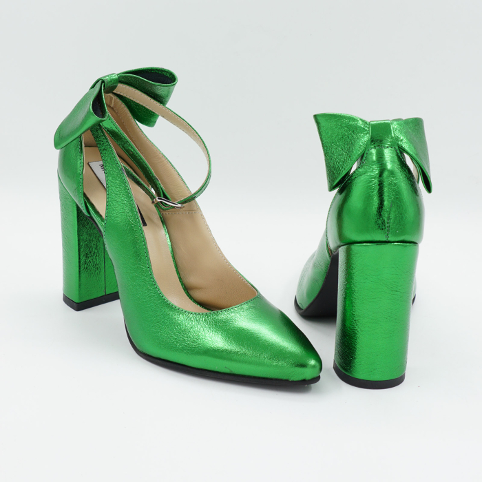 Pantofi dama din piele naturala verde deschis metalizat, cu varf ascutit si toc inalt gros imbracat 9 cm 50719-1-26 [5]