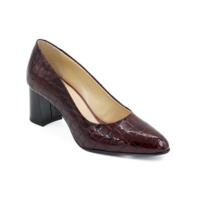 Pantofi dama din piele naturala lacuita croco visiniu, cu varf ascutit si toc mic gros de 6 cm 0700-13-26 [2]