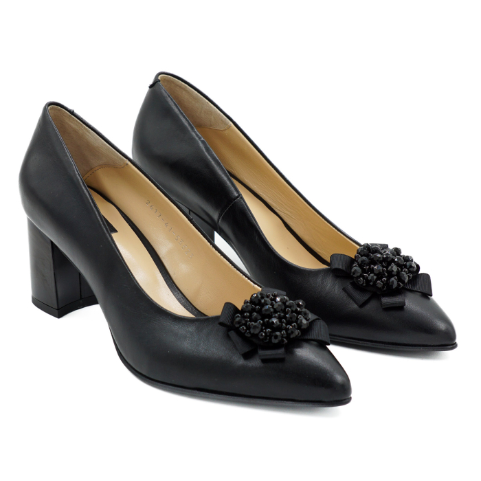 Pantofi dama din piele naturala neagra cu varf ascutit stiletto si toc mic gros 6 cm 53523-26 [2]