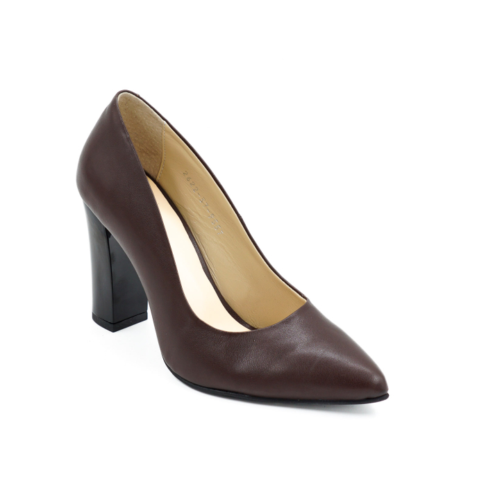 Pantofi dama din piele naturala maro ciocolata, cu varf ascutit stiletto si toc inalt gros de 9 cm 9557-16-26 [2]