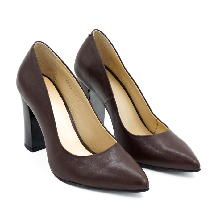 Pantofi dama din piele naturala maro ciocolata, cu varf ascutit stiletto si toc inalt gros de 9 cm 9557-16-26 [3]