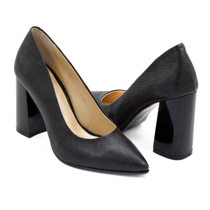 Pantofi dama din piele naturala neagra, cu varf ascutit stiletto si toc inalt gros de 9 cm 9557-20-26 [4]