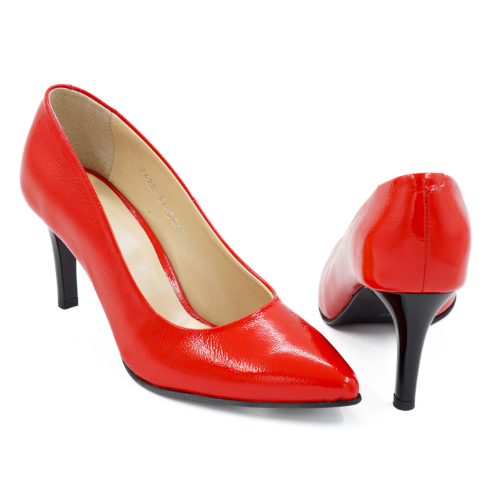Pantofi dama din piele naturala lacuita rosie, cu varf ascutit stiletto si toc mediu subtire de 7 cm 0445-3-26 [5]