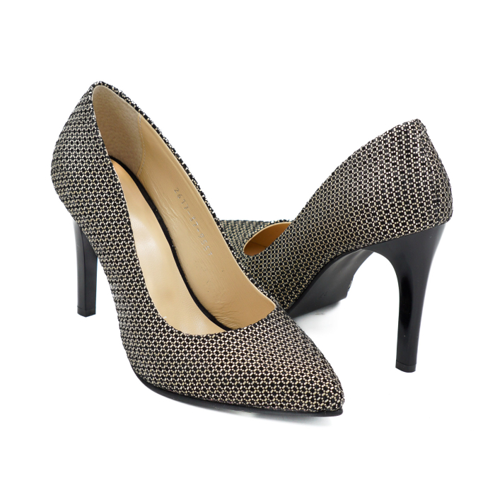 Pantofi dama din piele naturala neagra cu imprimeu auriu, cu varf ascutit stiletto si toc inalt subtire de 9 cm 9557-13-26 [4]