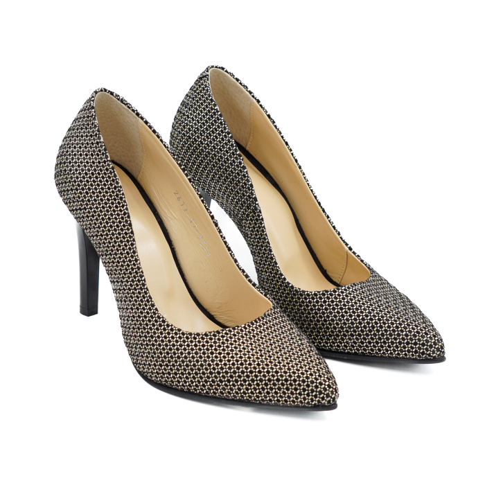 Pantofi dama din piele naturala neagra cu imprimeu auriu, cu varf ascutit stiletto si toc inalt subtire de 9 cm 9557-13-26 [3]