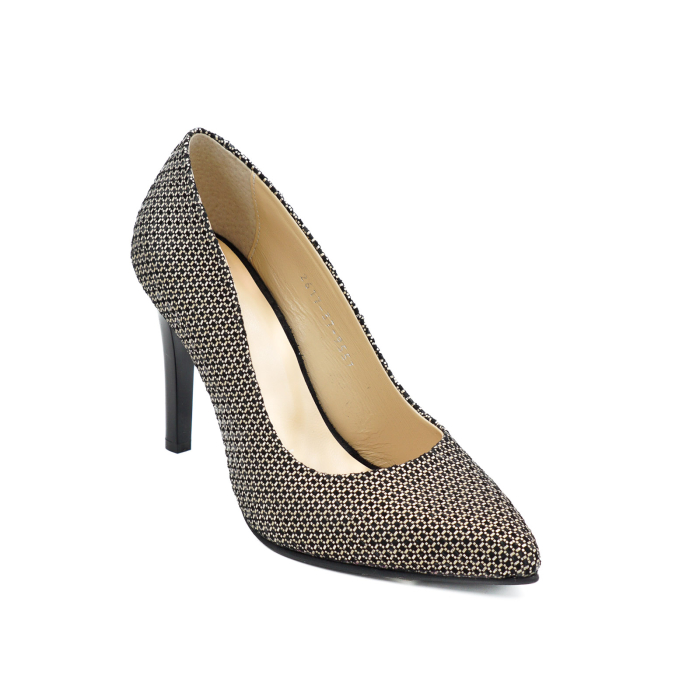 Pantofi dama din piele naturala neagra cu imprimeu auriu, cu varf ascutit stiletto si toc inalt subtire de 9 cm 9557-13-26 [2]