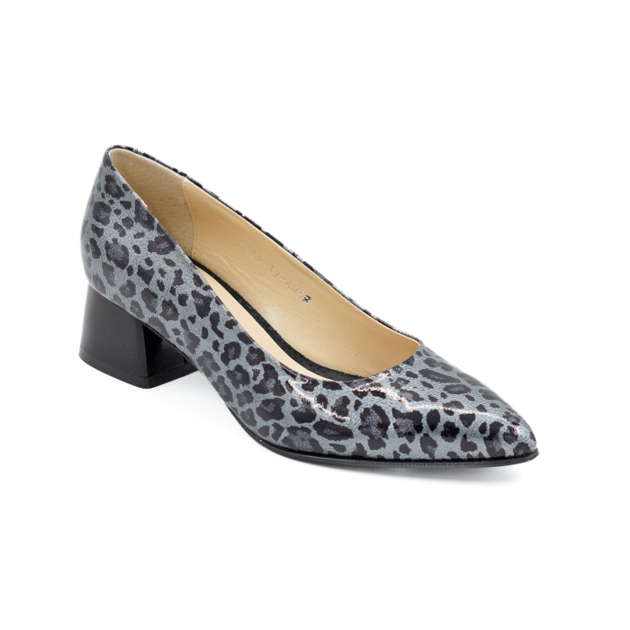 Pantofi dama din piele naturala lacuita gri cu imprimeu leopard, cu varf ascutit stiletto si toc mic gros de 4 cm 4057-3-26 [2]