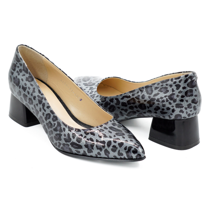 Pantofi dama din piele naturala lacuita gri cu imprimeu leopard, cu varf ascutit stiletto si toc mic gros de 4 cm 4057-3-26 [4]