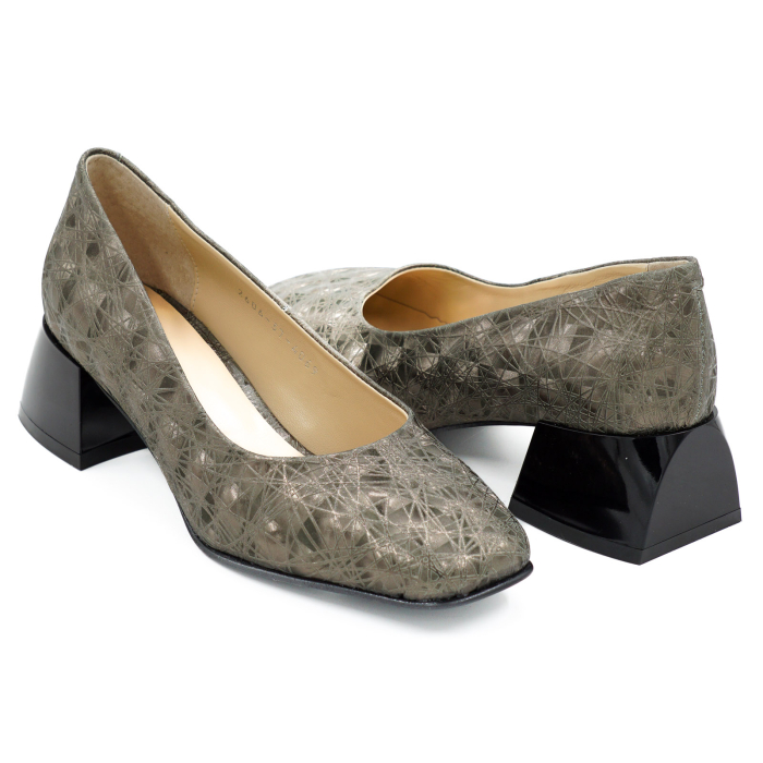 Pantofi dama din piele naturala cu imprimeu 3D olive, cu varf patrat si toc mic gros de 4 cm 4069-7-26 [4]