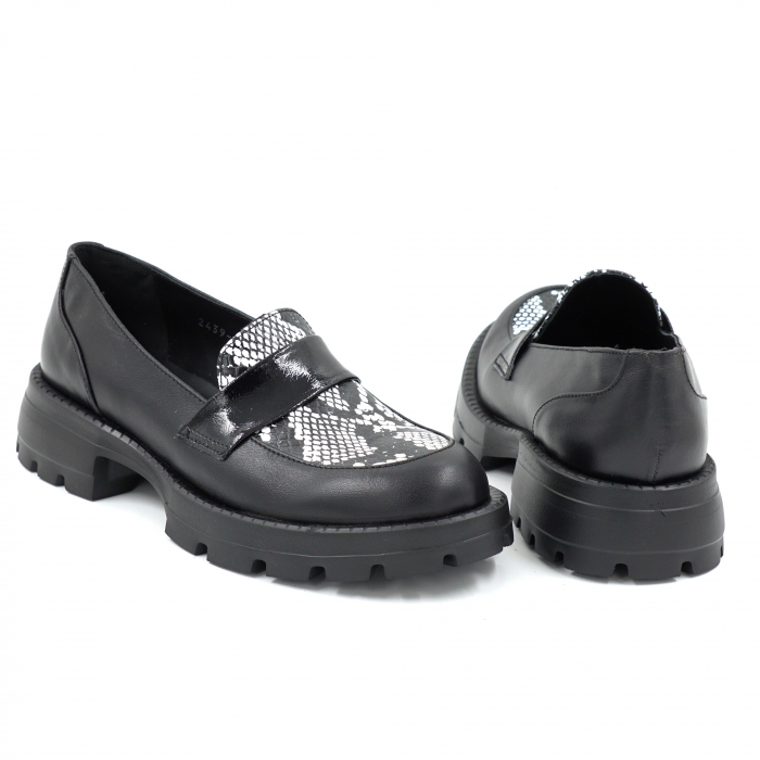 Pantofi dama casual loafers din piele naturala neagra si cu imprimeu sarpe negru cu alb cu varf rotund si talpa de 4 cm 58120-25 [5]