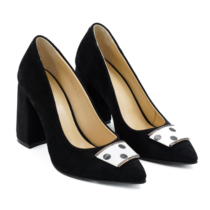 Pantofi dama din piele naturala intoarsa neagra, cu varf ascutit stiletto si toc mediu gros imbracat de 8 cm 51024-26 [4]