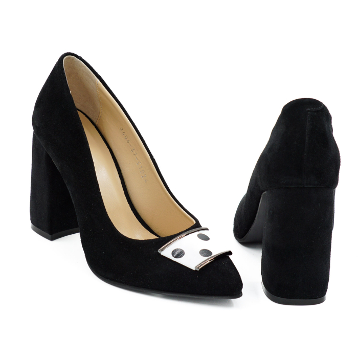 Pantofi dama din piele naturala intoarsa neagra, cu varf ascutit stiletto si toc mediu gros imbracat de 8 cm 51024-26 [5]