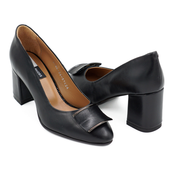 Pantofi dama din piele naturala neagra, cu varf rotund si toc mic gros imbracat de 6 cm 51424-3-26 [7]