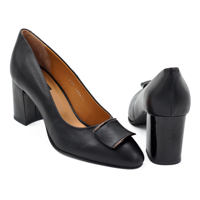 Pantofi dama din piele naturala neagra, cu varf rotund si toc mic gros de 6 cm 51424-4-26 [5]