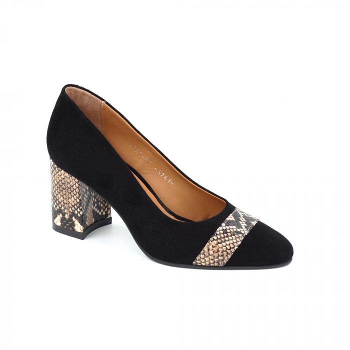 Pantofi dama din piele naturala intoarsa neagra si cu imprimeu sarpe maro cu negru cu varf ascutit si toc mediu gros imbracat de 7 cm 52619-25 [5]