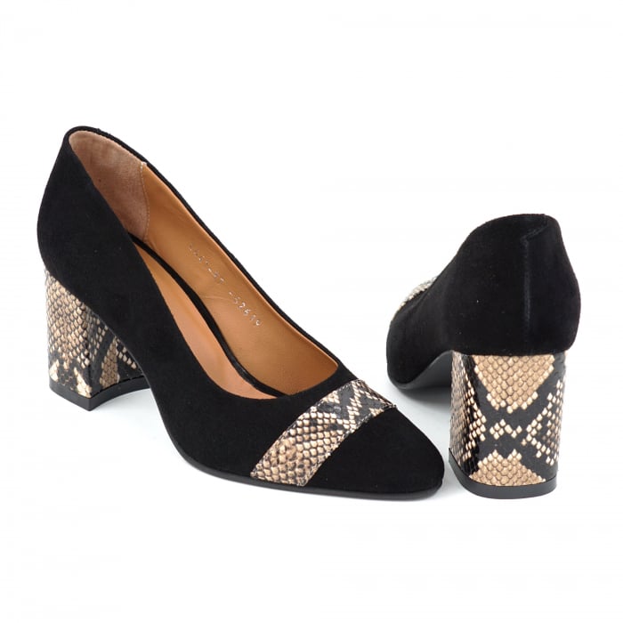 Pantofi dama din piele naturala intoarsa neagra si cu imprimeu sarpe maro cu negru cu varf ascutit si toc mediu gros imbracat de 7 cm 52619-25 [3]