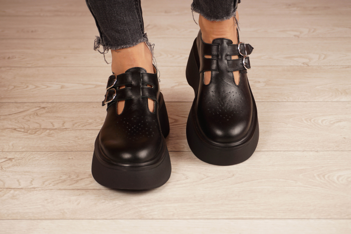 Pantofi dama casual din piele naturala neagra  cu varf rotund si talpa inalta 4 cm 51021-21 [4]