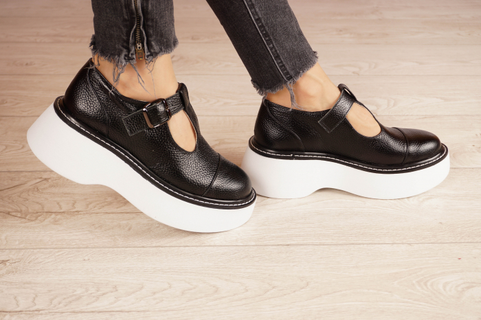 Pantofi dama casual din piele naturala neagra cu varf rotund si talpa 4 cm 51821-21 [4]