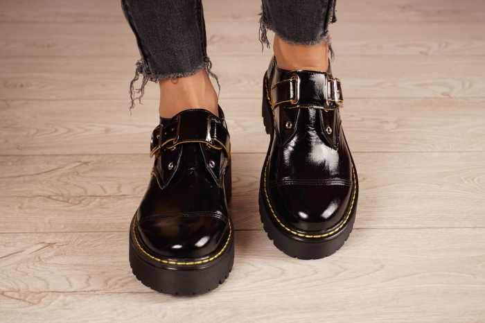 Pantofi dama casual din piele naturala lacuita neagra cu varf rotund si talpa 3 cm 54821-21 [4]