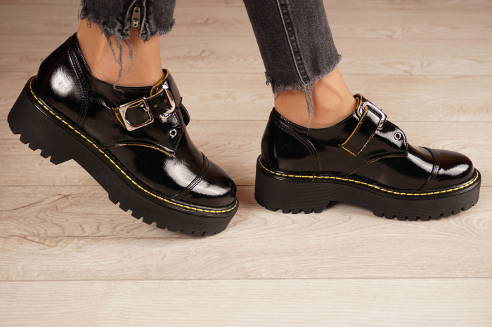 Pantofi dama casual din piele naturala lacuita neagra cu varf rotund si talpa 3 cm 54821-21 [3]