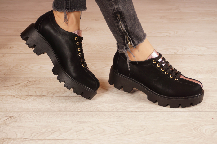 Pantofi dama casual din piele naturala neagra cu varf rotund si talpa 3 cm 61420-21 [2]