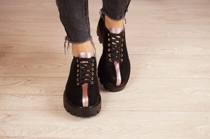 Pantofi dama casual din piele naturala neagra cu varf rotund si talpa 3 cm 61420-21 [4]