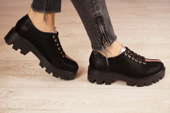 Pantofi dama casual din piele naturala neagra cu varf rotund si talpa 3 cm 61420-21 [3]