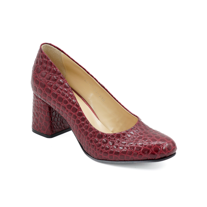 Pantofi dama din piele naturala croco visiniu cu varf rotund si toc mic gros imbracat 6 cm 0210-26 [2]