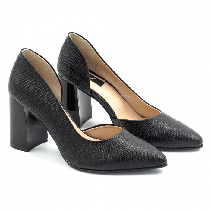 Pantofi dama din piele naturala neagra cu varf ascutit stiletto si toc mediu gros 8 cm 53024-3-25 [2]