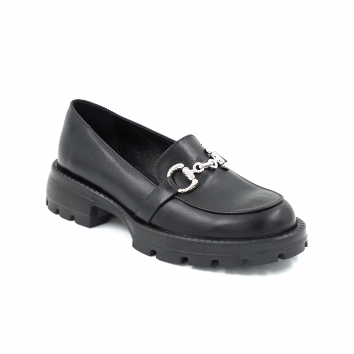 Pantofi dama casual loafers din piele naturala neagra cu varf rotund si talpa de 3 cm 52925-25 [2]