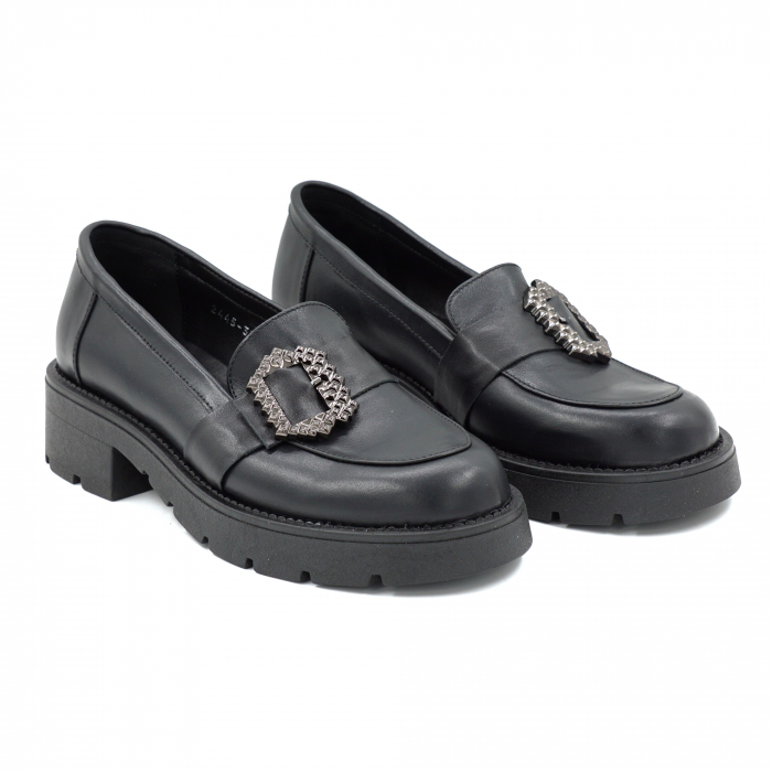 Pantofi dama casual loafers din piele naturala neagra cu varf rotund si talpa de 4 cm 52825-25 [3]