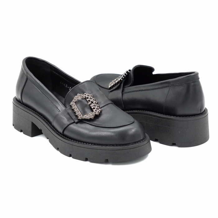 Pantofi dama casual loafers din piele naturala neagra cu varf rotund si talpa de 4 cm 52825-25 [4]