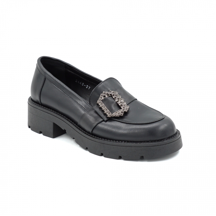 Pantofi dama casual loafers din piele naturala neagra cu varf rotund si talpa de 4 cm 52825-25 [2]