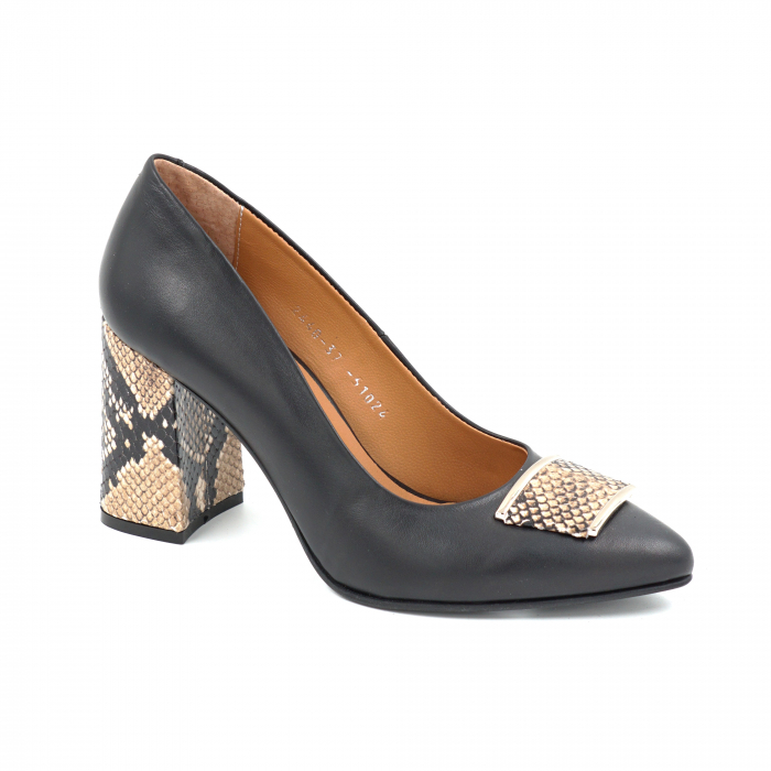Pantofi dama din piele naturala neagra si cu imprimeu sarpe negru cu bej cu varf ascutit stileto si toc mediu gros imbracat de 8 cm 51024-1-25 [5]